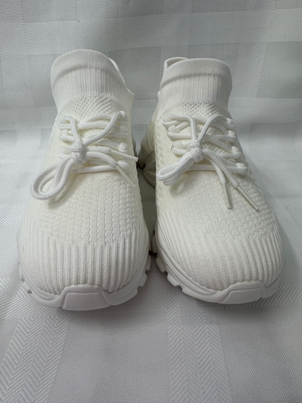 Women's White and Ivory/Cream Knit Slip-On Sneakers - Picture 2 of 12